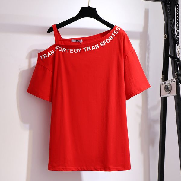 

women's plus size tshirt 150kg summer oneshoulder printed letter bust 156cm 6xl 7xl 8xl 9xl 10xl loose cotton black red 230520
