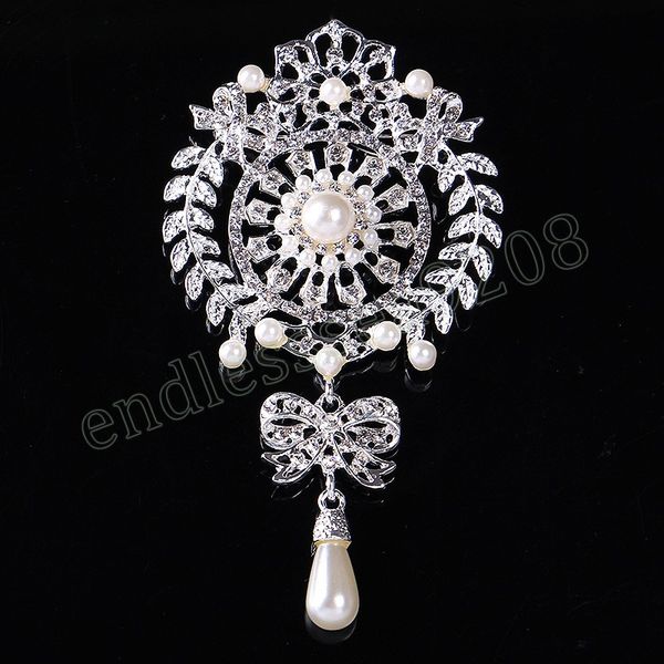 

gold colour rhinestone crystal flower brooches for women fashion drop pearl brooch pins wedding bridal party charm jewelry gifts, Gray