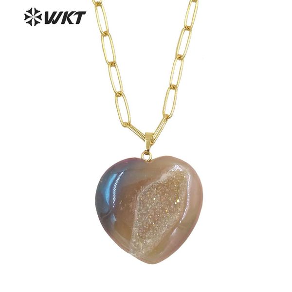 

necklaces wtn1394 wholesale fashion gold simple grey geode agate heart stone necklace women long link chain with druzy stone for lover, Silver