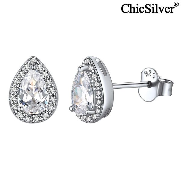 

stud chicsilver pear cut teardrop halo birthstone stud earrings 925 sterling silver cubic zirconia hypoallergenic jewelry for women, Golden;silver