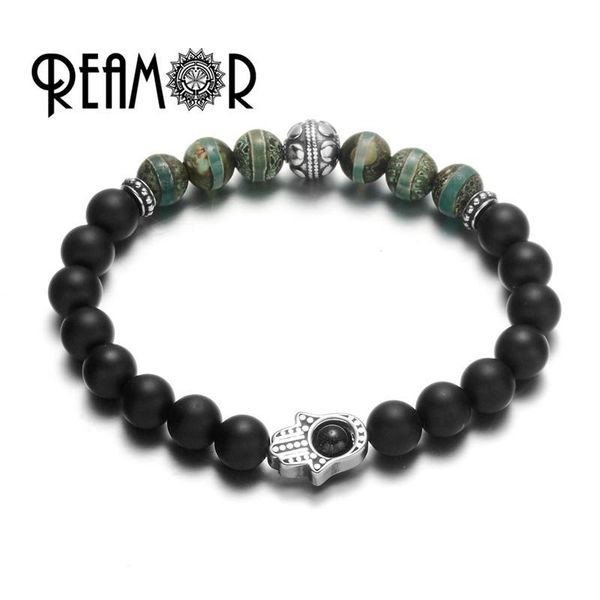

bangle reamor fatima hand natural stone bead bracelet men women 8mm black onyx stainless steel buddha lotus bracelets trendy jewelry