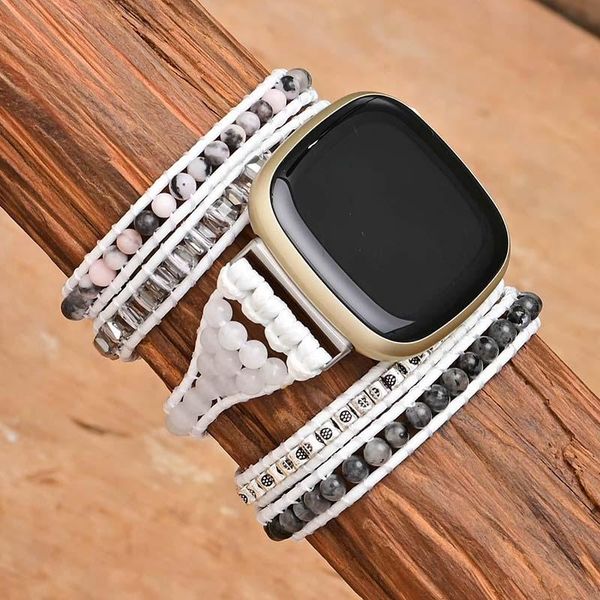 

bangle elegant wax rope fitbit versa3 watch band boho natural stone handmade knit bracelet fitbit watch strap jewelry wholesale, Black
