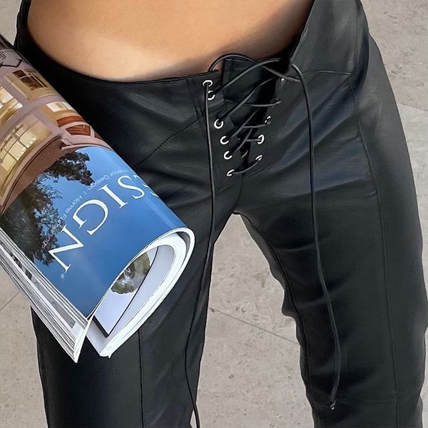 

women's pants s fashion low waist lace up black loose straight leather pant autumn winter casual high street hem split pu trousers 2305, Black;white