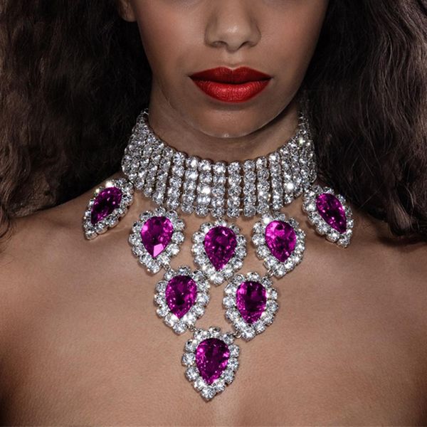 

necklaces luxury multi row rhinestone choker necklace for women statement crystal purple water drop pendant collar jewelry accessories, Silver