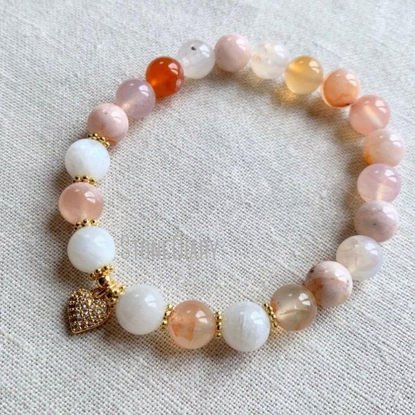 

bangle wmb44257 cherry blossom agate and rainbow moonstone wrist mala bracelet 21 beads heart bracelet gold plated, Black