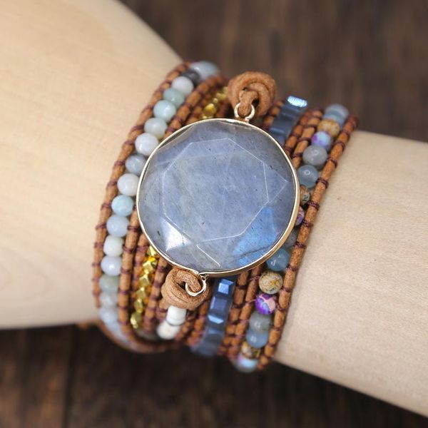 

bangle 2019 labradorite stone leather bracelet mix stones beads women fashion 5 layers wrap bracelet boho bracelet jewelry dropshipping, Black