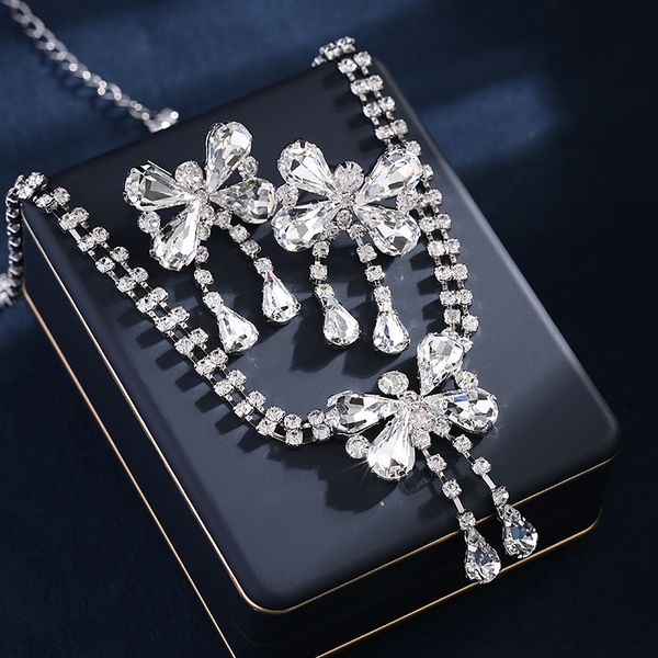 

luxury bridal diamond bowknot earrings necklace jewelry sets for wedding zirconia water drop ear rings french style tassel jewellry set fema, Silver