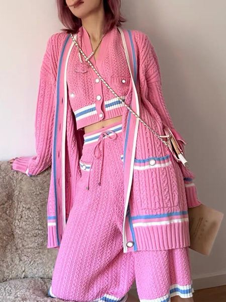 

two piece dress small fragrant style lady sweater cardigan or coat spring summer temperament preppy women contrast twist knit vest 230520, White