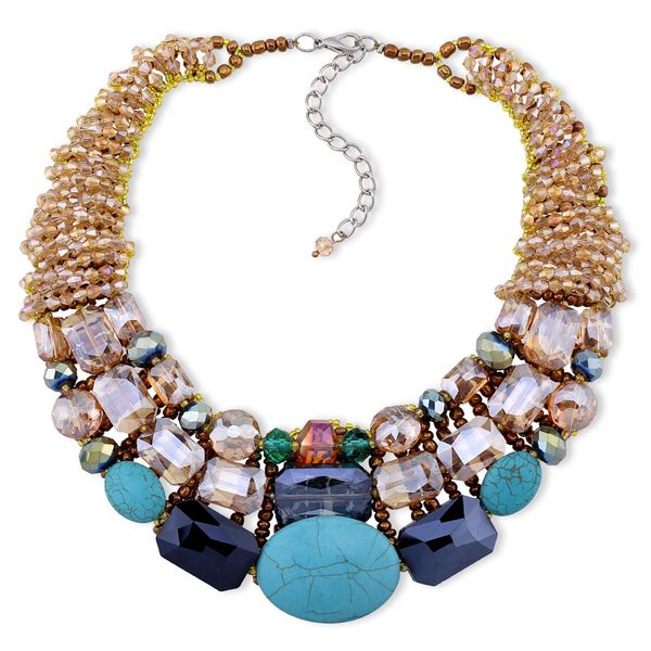 

necklaces hahatoto handmade strands beaded chunky choker necklace crystals and imitation turquoise stones statement boho necklaces jewelry, Silver