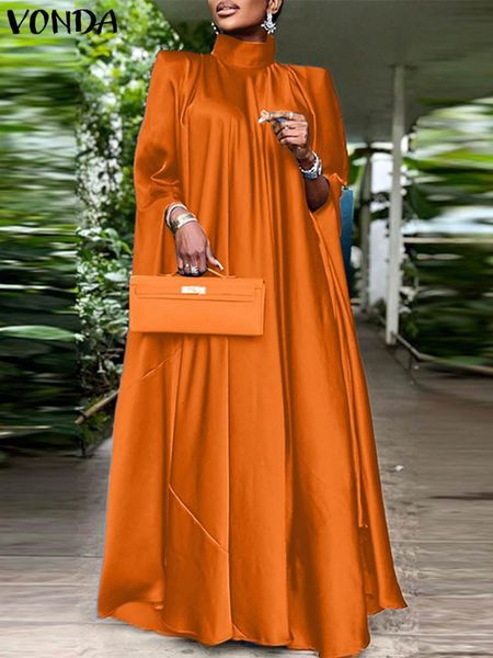 

plus size dresses size 5xl vonda women stand collar elegant satin dress long bat sleeve evening pleated maxi sundress casual solid robe 2305, Black