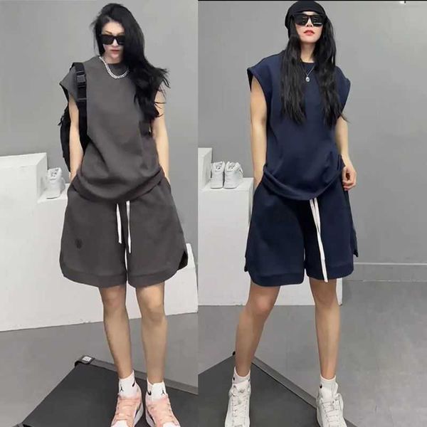 

summer sleeve tank shorts casual set solid color sports two-piece set loose and fashionable, Gray