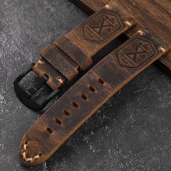 

watch bands handmade first layer cowhide leather watchband 20 22 23 24 26mm brown padded leather strap for pam111 441 soft men's bracel, Black;brown