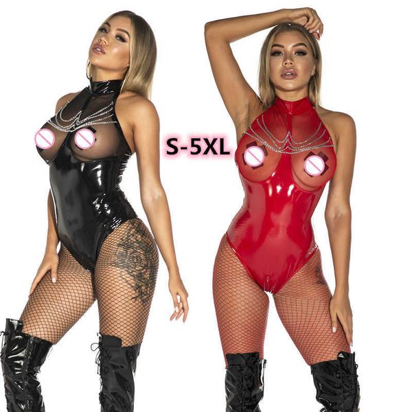 

women mesh lingerie wetlook leather breast exposed bodysuit open crotch stretch catsuit fetish wear jumpsuit, Red;black