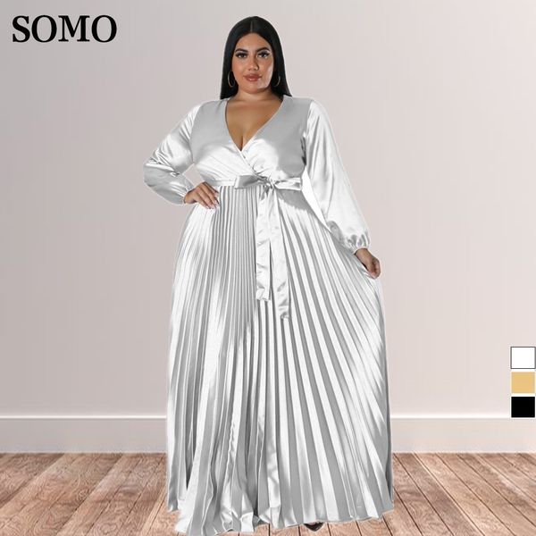 

plus size dresses somo elegant solid color pleated women size v neck fall clothes maxi long dress wholesale drop 230520, Black