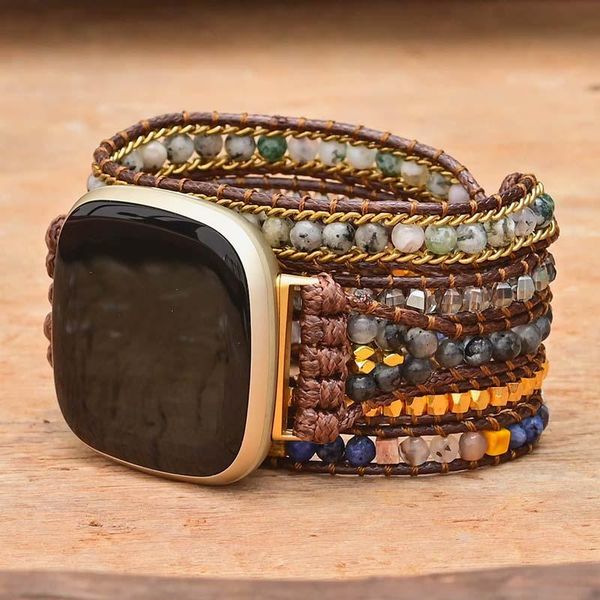 

bangle sparkling natural stone fitbit versa 3 watch band wax rope unique black labradorite stone 5 wrap fitbit watch strap dropshipping