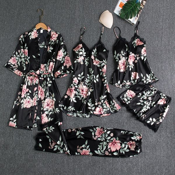 

women's sleepwear pajama satin 5pcs summer lace patchwork women nightwear thin style robe sleep suit nightdress with chest pads 230520, Black;red