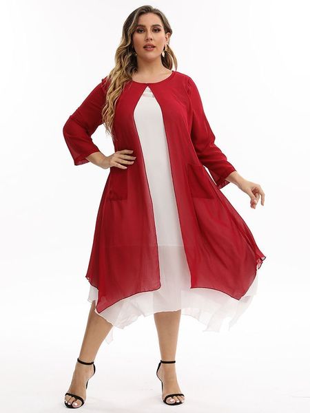

plus size dresses size summer woman double lining red casual chiffon midi dress ladies o-neck long sleeve 3xl 4xl 5xl 230520, Black
