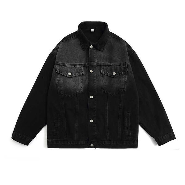 

qilin clothing street washed old gradient black couple coat fashion brand high street denim jacket, Black;brown