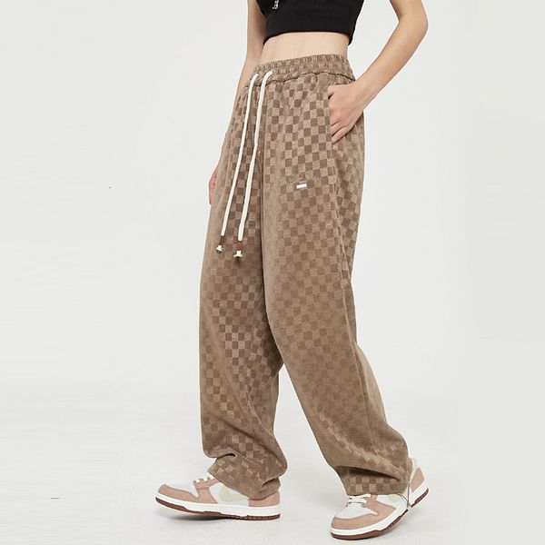 

women's pants vintage streetwear checkerboard straight high waist casual baggy wide leg sports trouser ladies summer 230520, Black;white