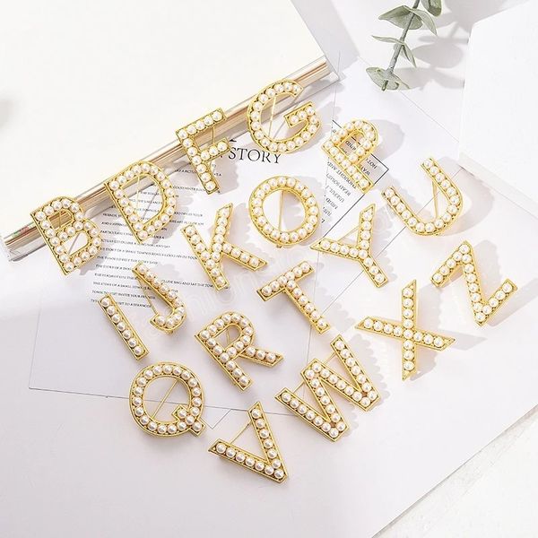 

personalize 26 letters initial brooch pins for women men pearl suit lapel pin sweater coat wedding jewelry gift, Gray