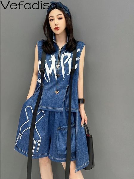 

women's two piece pants vefadisa 2023 summer woman denim shorts and tshirt sleeveless casual set personalized blue matching sets zy1002, White