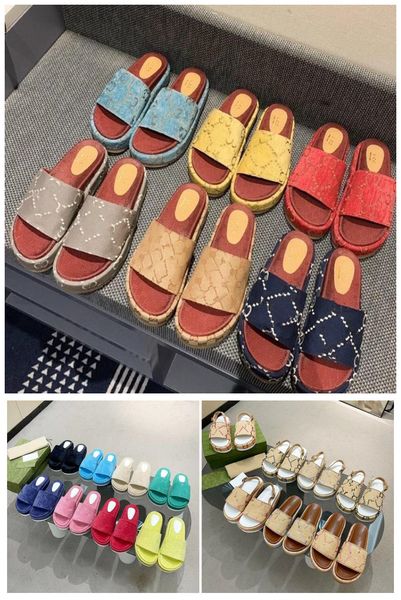 

2023 womens fashion slippers embroidered canvas designer slides slip on slipper girls 60mm slipper covered platform sandals size 35-45, Black