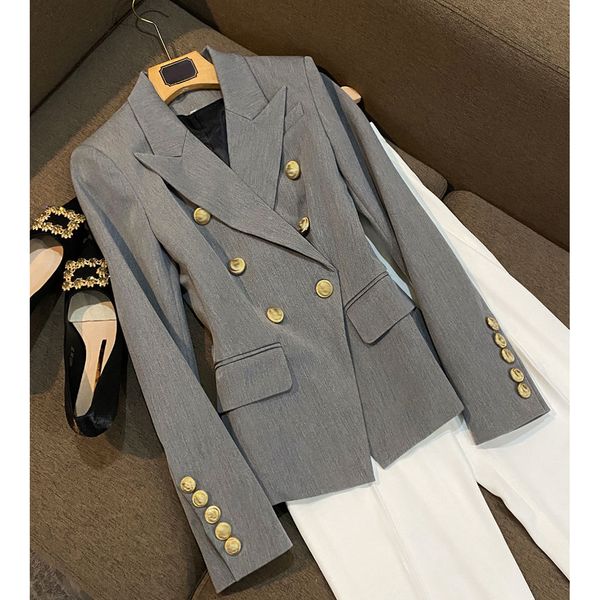 

bl013 london luxury businesswomen high profile suit ladies gray blazer double breasted buttons office jacket women blazer, White;black