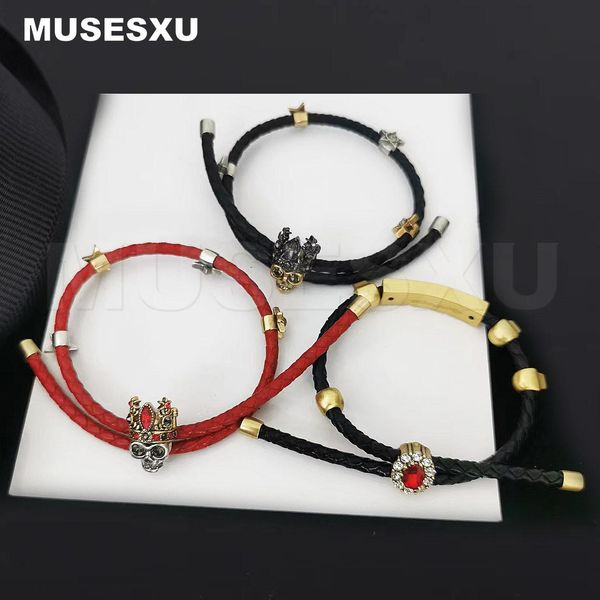 

bangle 2022 jewelry luxury brand king queen golden skull pendant black red leather rope bracelet for woman's man's party gifts