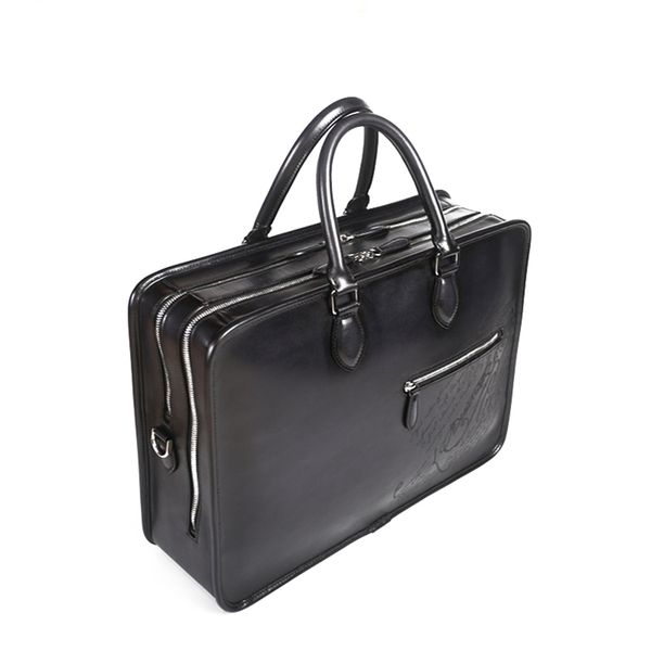 

berluti High end patterned leather double-layer briefcase large capacity can be held or tilted across pure handmade hand-painted craftsmanship, Black