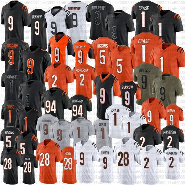 

joe burrow cin football jamarr chase bengal 5 tee higgins jerseys evan mcpherson joe mixon sam hubbard orange shirts black white stitched je, Black;red