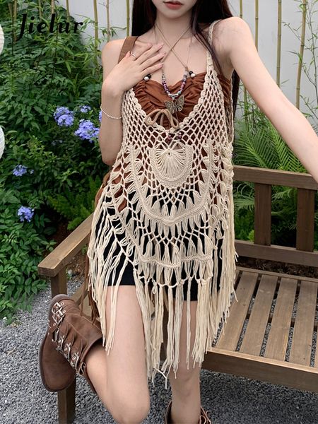 

women's tanks camis jielur summer two piece halter slim y2k solid color woman retro tassel hollow out sleeveless 230520, White