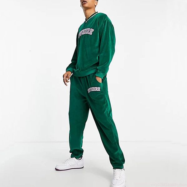 

men's tracksuits spring and autumn green sweater two piece set street fashion casual gold velvet clothing 230520, Gray