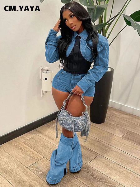 

women's two piece pants cmyaya street denim set long sleeve mini jacket and jeans shorts 2023 summer chic 2 outfits tracksuit 230520, White