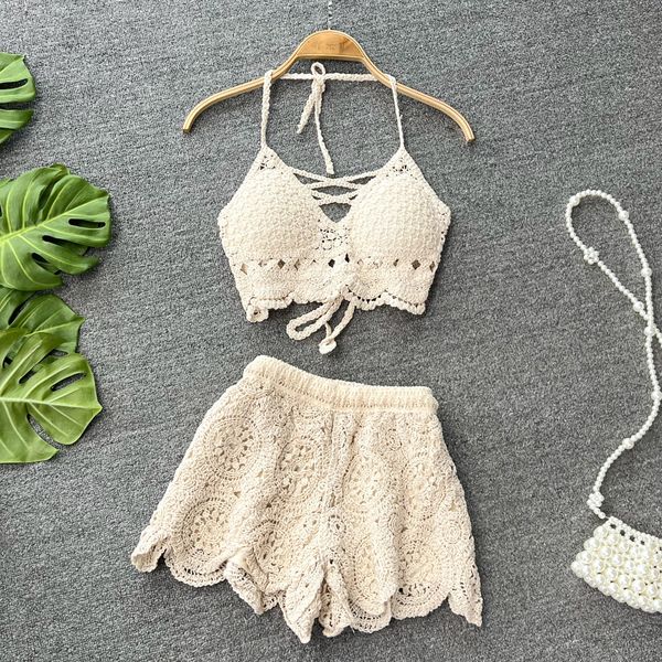 

women's two piece pants summer beach knitted 2 pieces set suit 2023 retro crochet hollow halter lace up bra shorts 2pcs holiday outfit, White