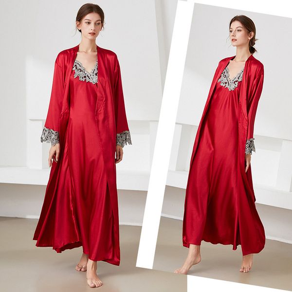 

women's sleepwear spring autumn and winter long style robes with nightgown twopiece silk comfortable pajamas homewear suit 230520, Black;red