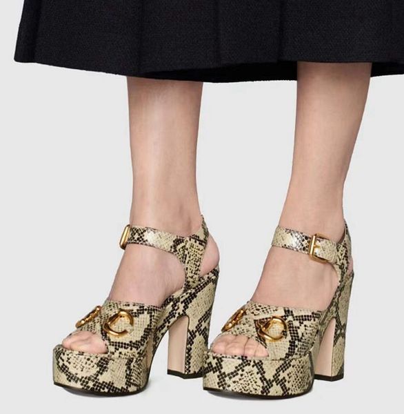 

designer luxury dress shoes high-heeled chunky pumps wedding fashion shoes women's python print high heel pump sandal platform horsebit, Black