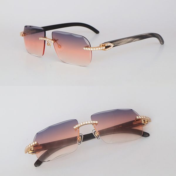 

new model luxury glasses moissanite diamond set rimles sunglasses for men women original black marbled buffalo horn rimles diamond cut lens, White;black