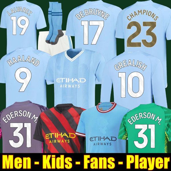 

haaland soccer jersey 23 24 de bruyne mans cities grealish mahrez foden 2023 2024 football shirt uniforms men kids kit sets aarez fans, Black;yellow