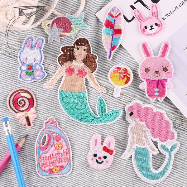 

notions iron on patches for clothing cute rabbit mermaid daily cleaner embroidery patch decorative applique for backpack jackets jeans shirt, Black