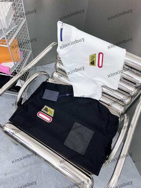

xinxinbuy men designer tee t shirt 23ss nylon pocket print pattern short sleeve cotton women black white blue purple s-2xl, Black;brown