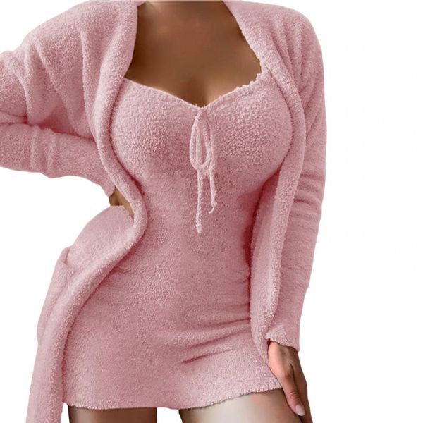 

women's sleepwear two pieces set women pajamas solid color low cut sleeveless thermal slim long robe drawstring lounge nightie dress 23, Black;red