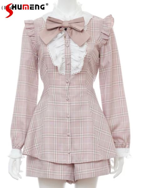 

women's two piece pants lolita woman shorts suit student japanese style embroidery bow and high waist ruffle mini set 2 pieces 2023 sp, White