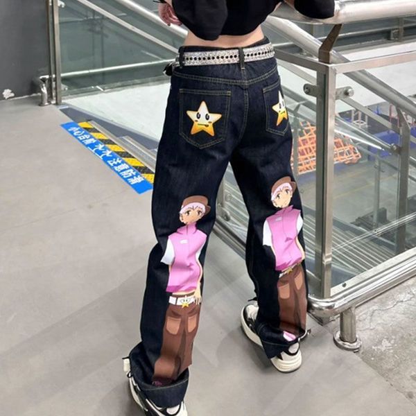 

women's jeans cartoon printed jeans for women american retro street trend hip-hop wide leg jeans harajuku casual full matching bag jean, Blue
