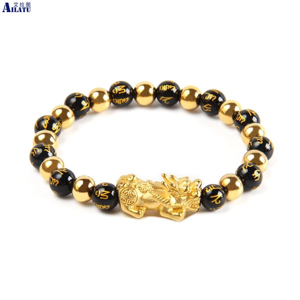 

bangle ailatu men women wristband gold color pixiu wealth bracelet good luck jewelry with om engraved black round beads
