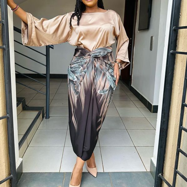 

two piece dress set elegant african women summer casual loose flare sleeve tshirt laceup print skirt sets 2 club outfits 230520, White