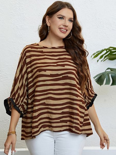 

women's plus size tshirt summer zebra pattern 34 sleeves elegant large blusas plus size mujer peplum roupas femininas 230520, Black