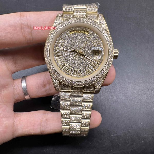 

men's iced diamond watch full diamonds yellow gold colar stainless steel case watch roman numerals oyster band automatic watches, Slivery;brown