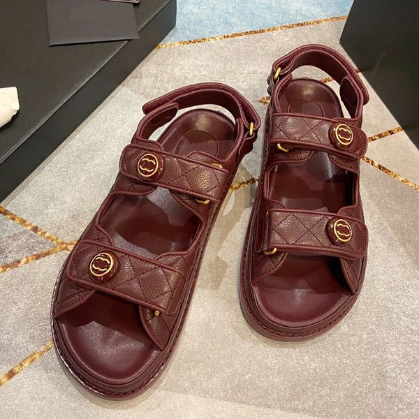 

luxury designer sandals womens summer flat 2023 new wine red leather versatile sports outdoor fashion roman one line buckle womens shoes siz, Black