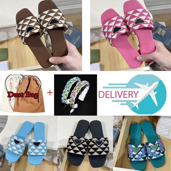 

colorful slippers womens embroidered fabric slides triangle label luxury metal designer slipper plaid scuffs models woman casual street flat, Black