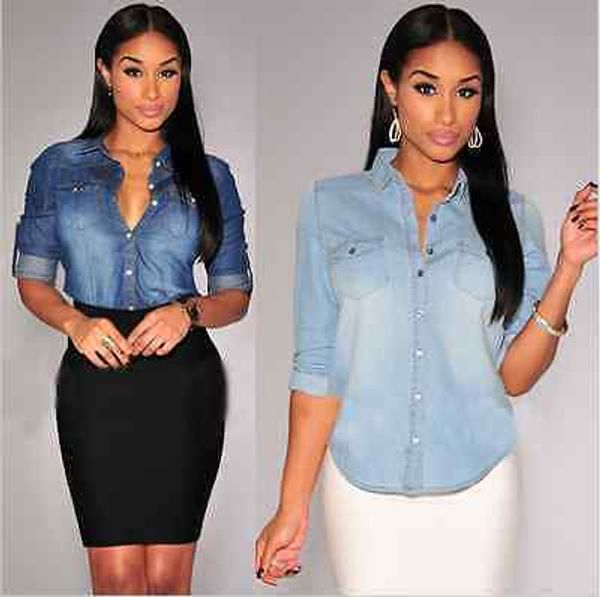 

women's blouses shirts autumn denim shirts for women long sleeve blue jeans shirt women blusas camisa femininas fashion plus size jeans, White